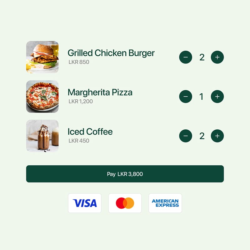 A OnePay Payment Page listing three food items with quantities and a pay button