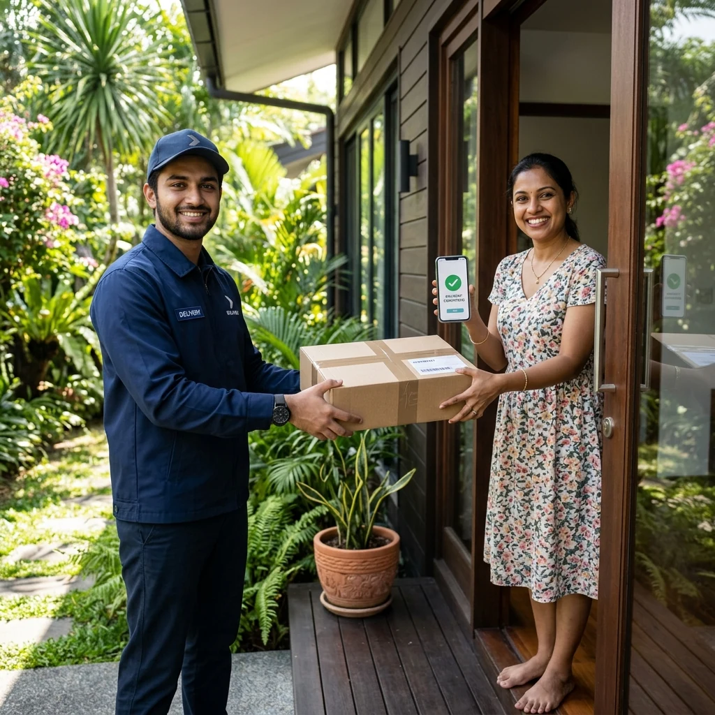 A delivery courier handing a parcel to a customer at a house entrance while confirming payment on a phone