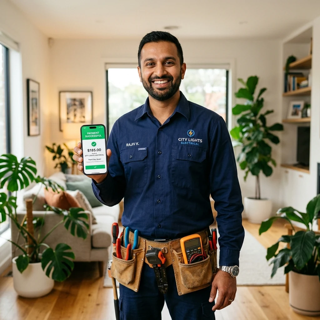 A service technician holding a phone showing payment confirmation in a home