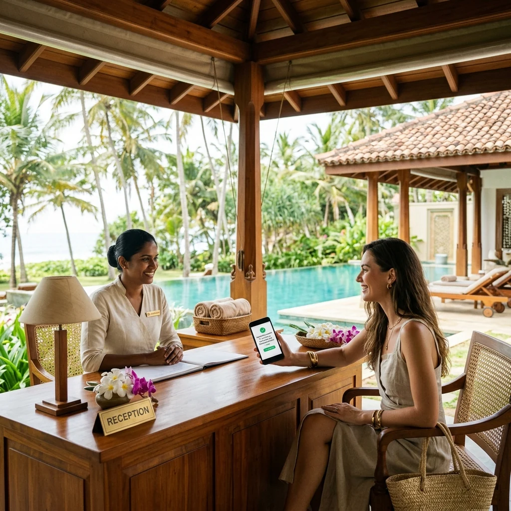 A resort receptionist confirming a booking deposit with a guest at an open-air pavilion