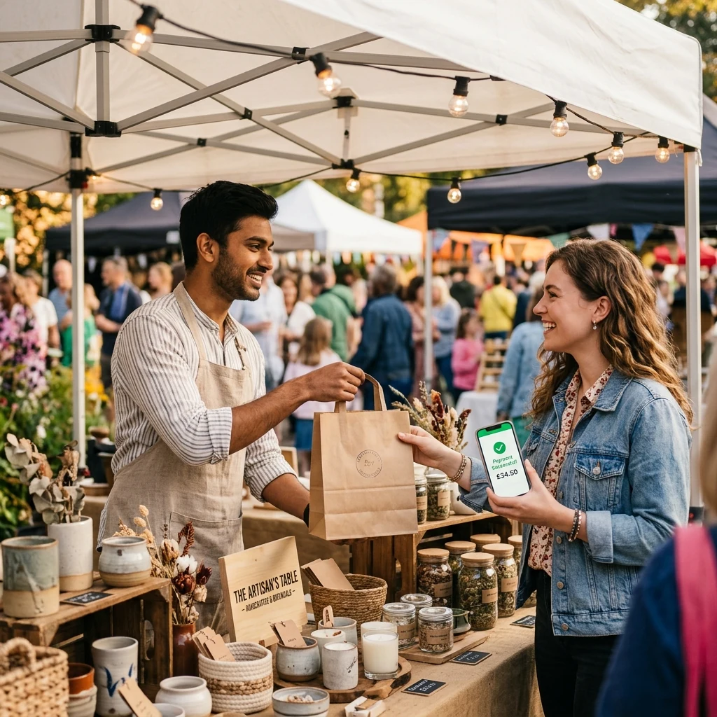 An artisan stall vendor handing a purchase to a customer paying by phone at an outdoor market
