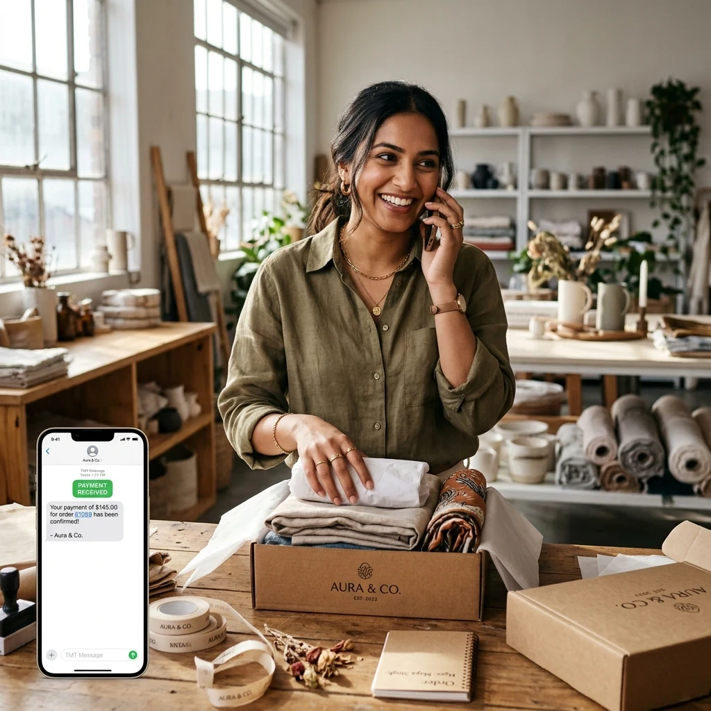 A boutique store owner taking a phone order while packaging items with payment confirmed